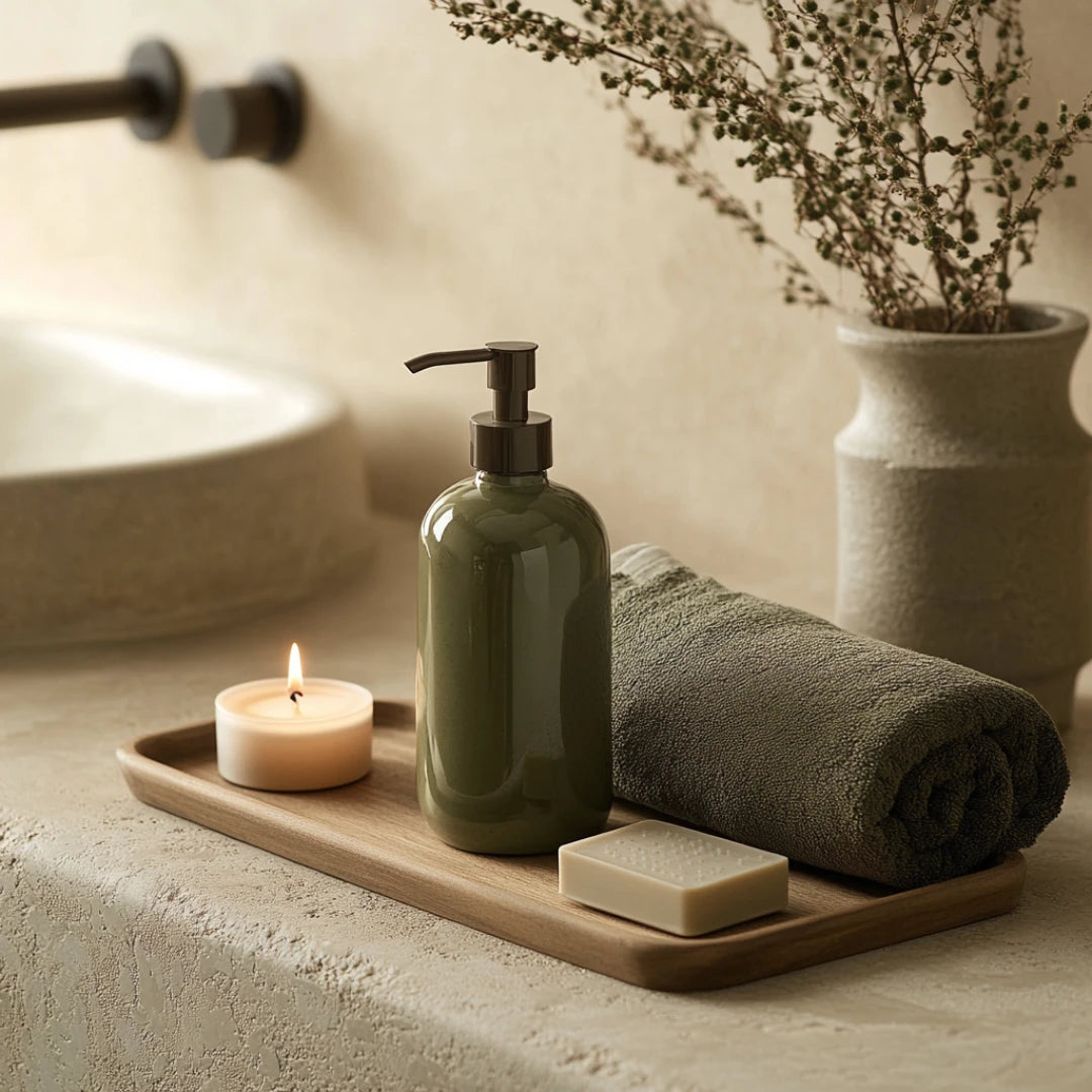 modern toiletries on a wooden tray, and towel 