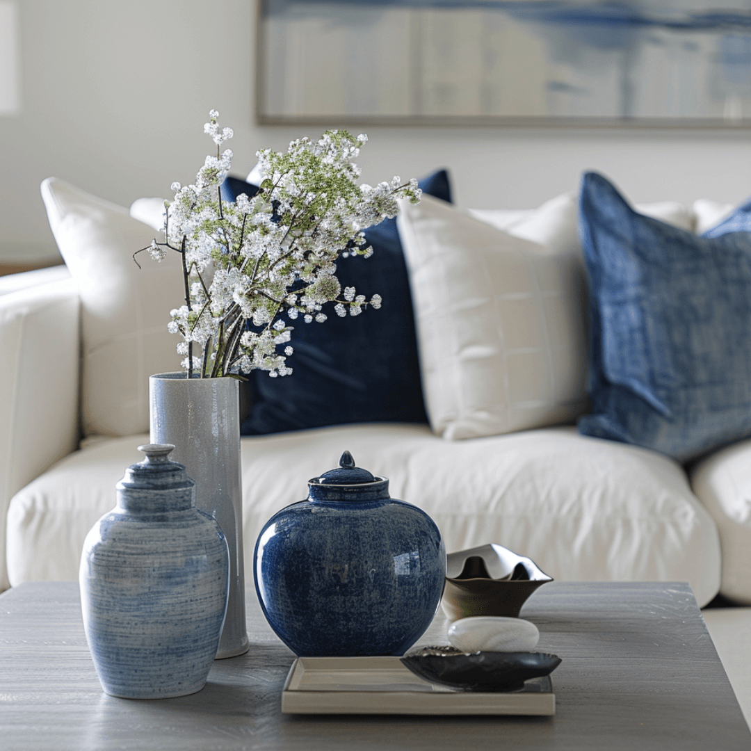 Close-up of a coffee table in a living room with blue and white ceramic jars, a vase with white flowers, and a white couch with blue pillows.