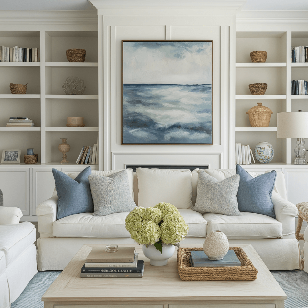 Bright living room with a white sofa, blue and white pillows, built-in shelves, and an ocean painting above the fireplace.