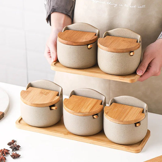 Five Ceramic Seasoning Jars with Wooden Lid