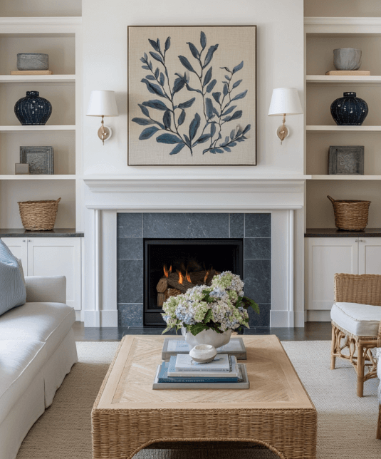 Cozy living room with a fireplace, white sofa, blue pillows, built-in shelves, and a wood coffee table with flowers.