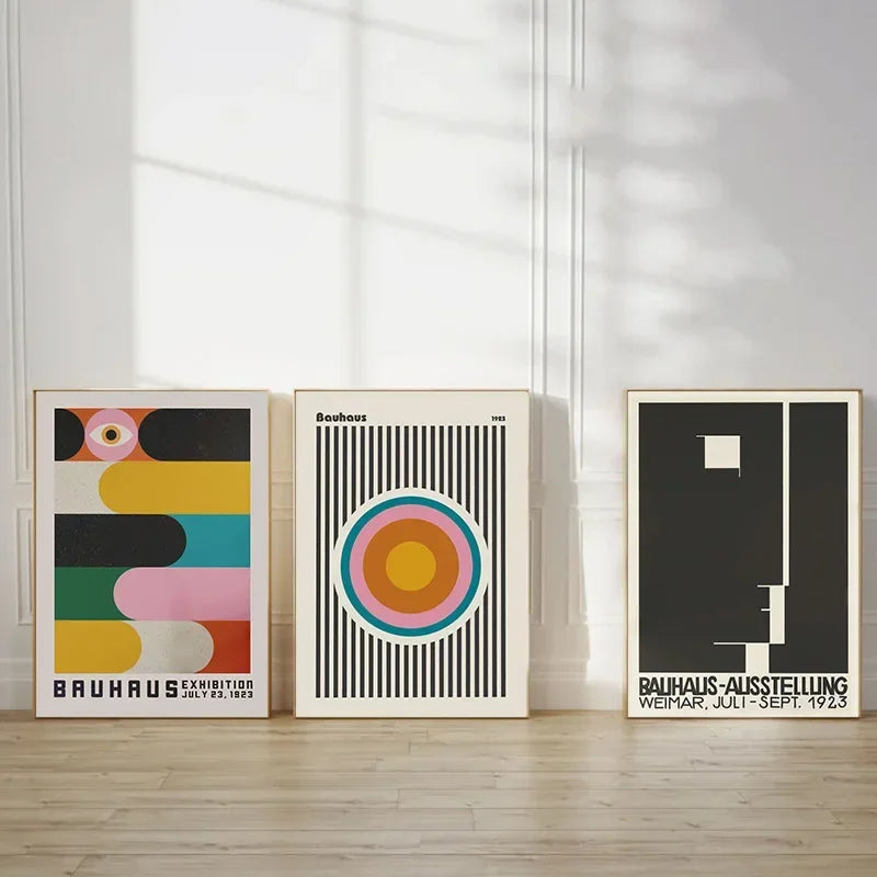 Bauhaus-inspired geometric colourful wall art, printed on canvas, ideal for modern home décor or gallery wall displays.