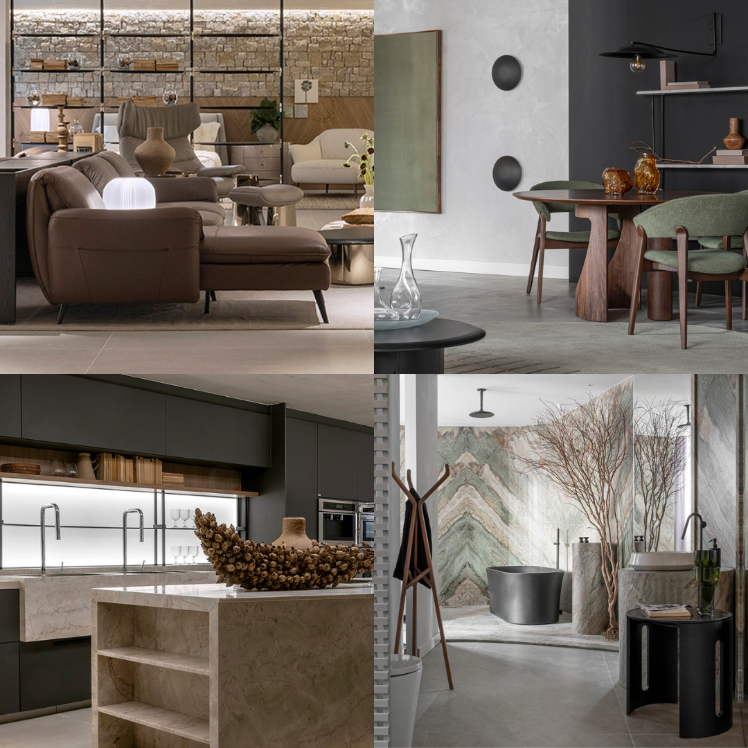 A photo collage with four different spaces as inspiration for home decor. Two modern living rooms, one modern kitchen, and a modern bathroom. 