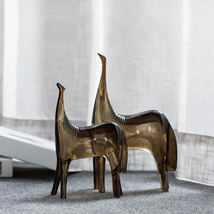 Abstract resin sculpture of horse couple and foal, minimalist geometric design perfect for adding a modern touch to contemporary home decor.