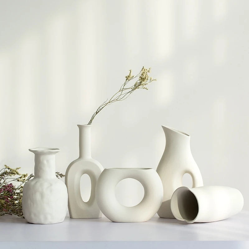 Set of 6 aesthetic white ceramic vases for modern home décor – handcrafted, minimalist vases for tabletop or hydroponic displays.