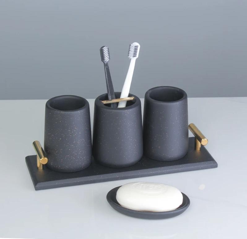 Elegant Resin Bath Accessories Set for Modern Bathroom Decor - Includes Soap Dispenser, Toothbrush Holder, and Tray