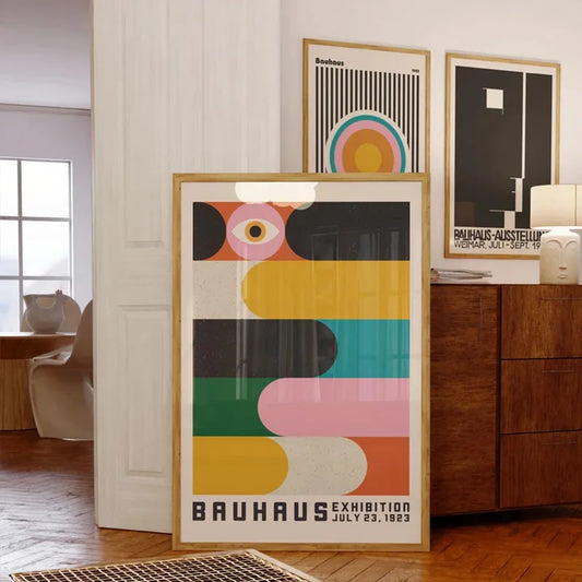 Bauhaus-inspired geometric colourful wall art, printed on canvas, ideal for modern home décor or gallery wall displays.