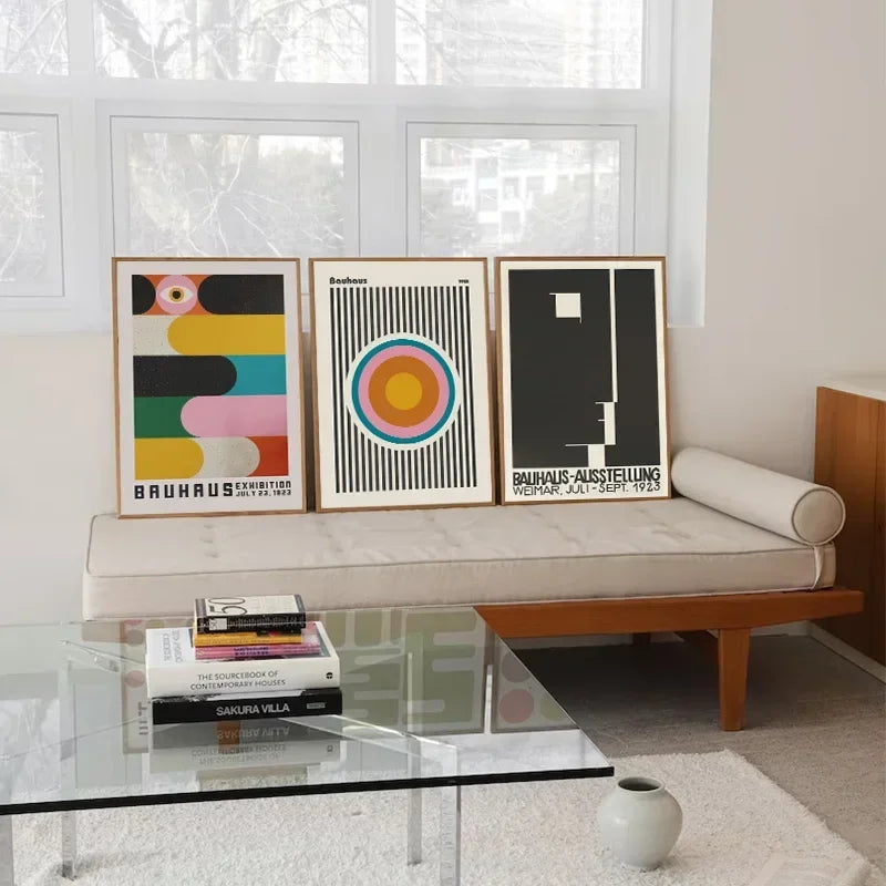 Bauhaus-inspired geometric colourful wall art, printed on canvas, ideal for modern home décor or gallery wall displays.