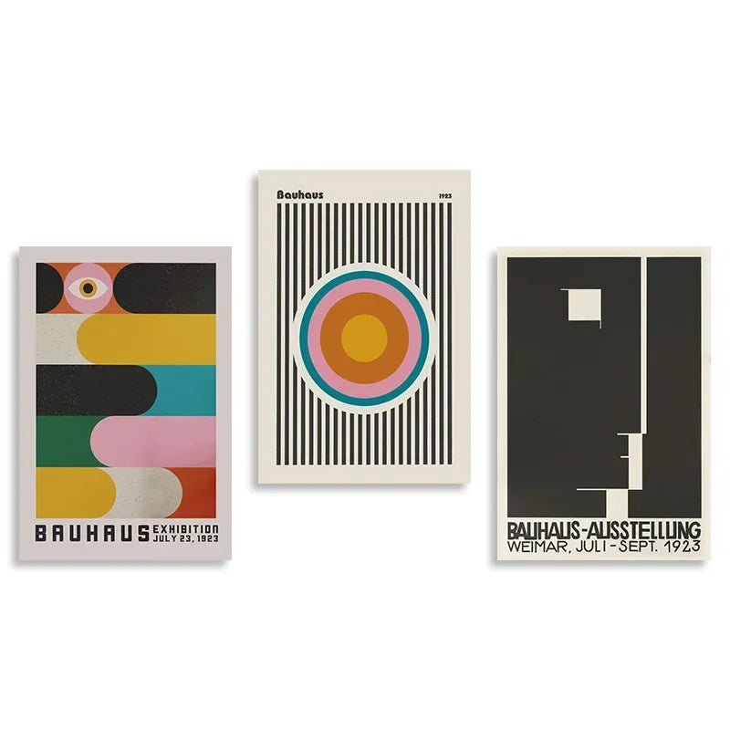 Bauhaus-inspired geometric colourful wall art, printed on canvas, ideal for modern home décor or gallery wall displays.