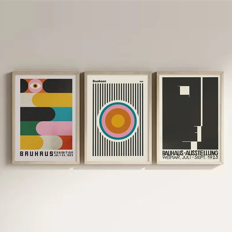 Bauhaus-inspired geometric colourful wall art, printed on canvas, ideal for modern home décor or gallery wall displays.