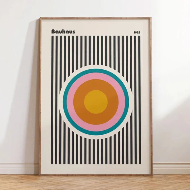 Bauhaus-inspired geometric colourful wall art, printed on canvas, ideal for modern home décor or gallery wall displays.