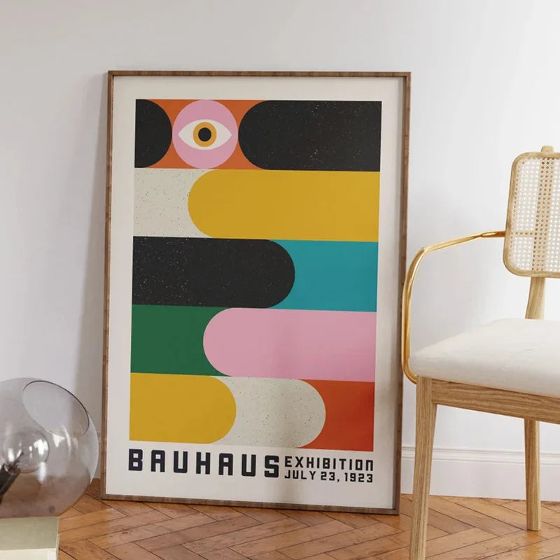 Bauhaus-inspired geometric colourful wall art, printed on canvas, ideal for modern home décor or gallery wall displays.