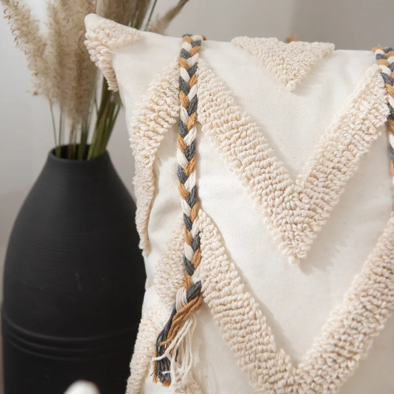 Beige crochet tufted pillow cover, blending boho charm with Scandinavian minimalism. Perfect for adding warmth and natural tones to any space.