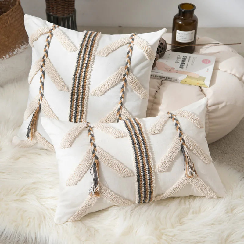 Beige crochet tufted pillow cover, blending boho charm with Scandinavian minimalism. Perfect for adding warmth and natural tones to any space.