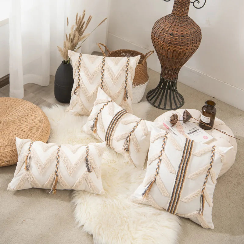 Beige crochet tufted pillow cover, blending boho charm with Scandinavian minimalism. Perfect for adding warmth and natural tones to any space.