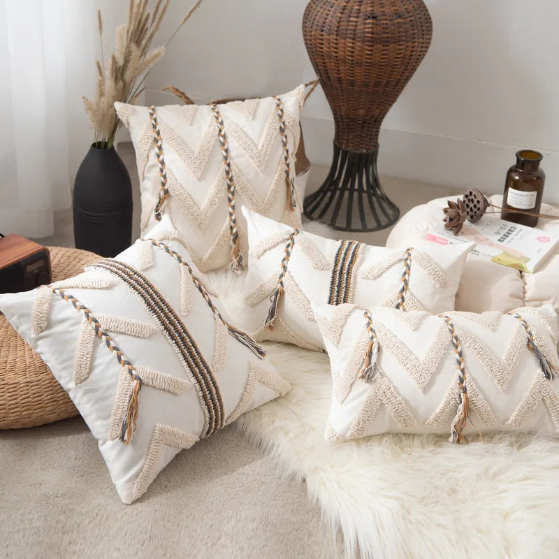 Beige crochet tufted pillow cover, blending boho charm with Scandinavian minimalism. Perfect for adding warmth and natural tones to any space.