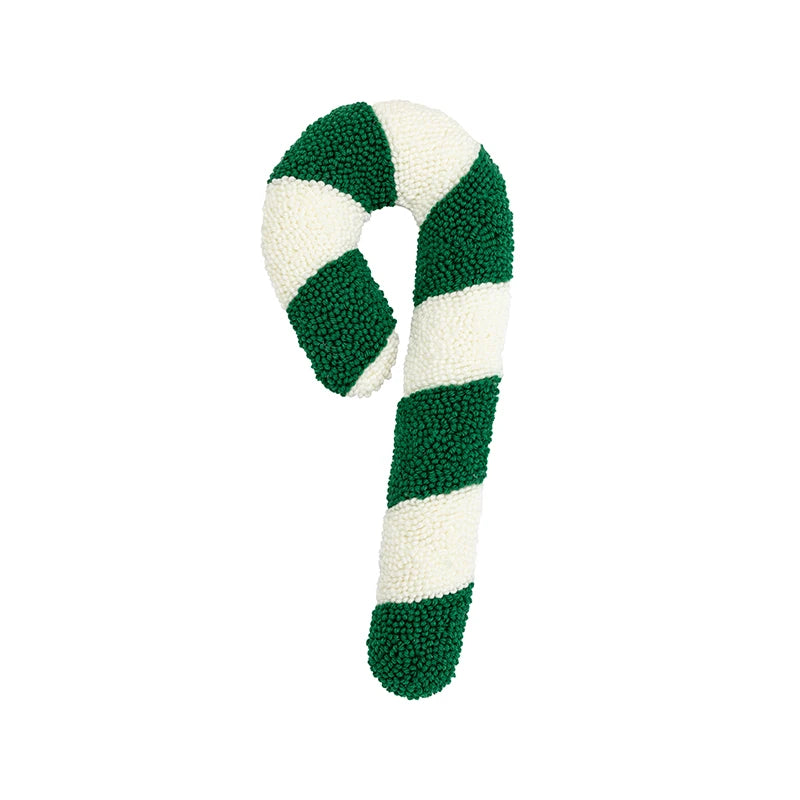 soft candy cane-shaped pillows with green and white stripes.