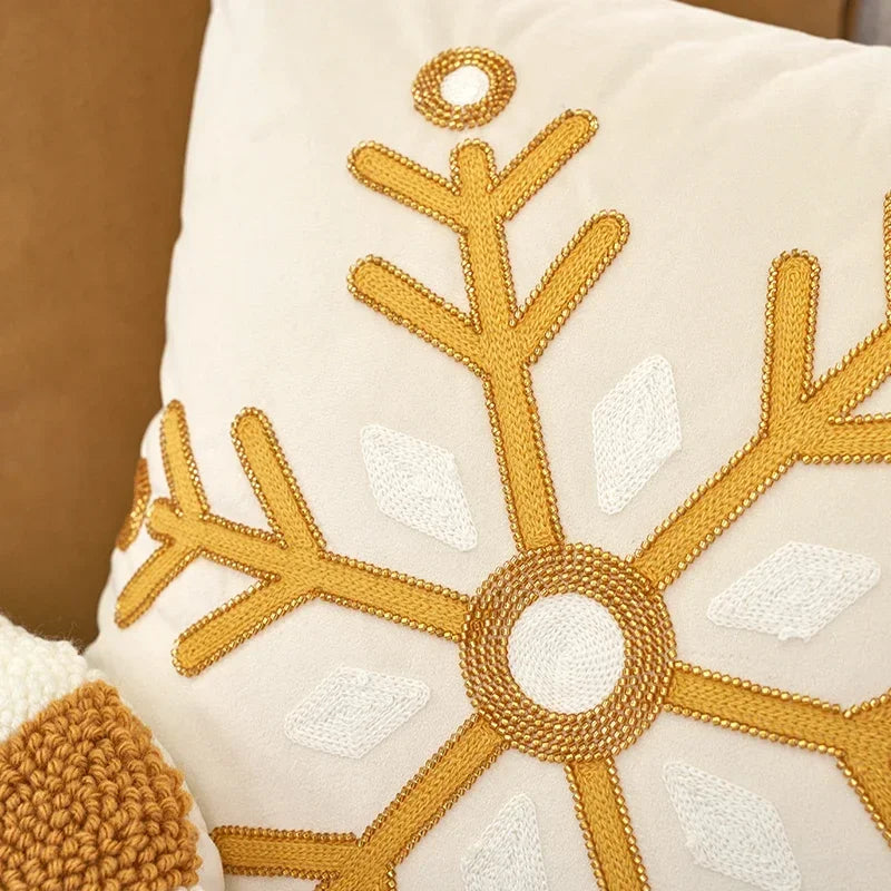 Christmas Charm Cushion Cover with soft tufted embroidery in beige and gold tones, featuring festive designs like Christmas trees, candy canes, and Milu deer. Perfect for adding a cosy touch to holiday home decor.