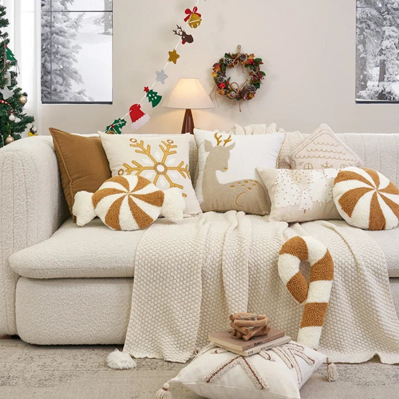 Christmas Charm Cushion Cover with soft tufted embroidery in beige and gold tones, featuring festive designs like Christmas trees, candy canes, and Milu deer. Perfect for adding a cosy touch to holiday home decor.