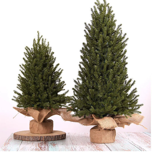 Cosy mini artificial Christmas tree with rustic charm for home decoration, available in two sizes.