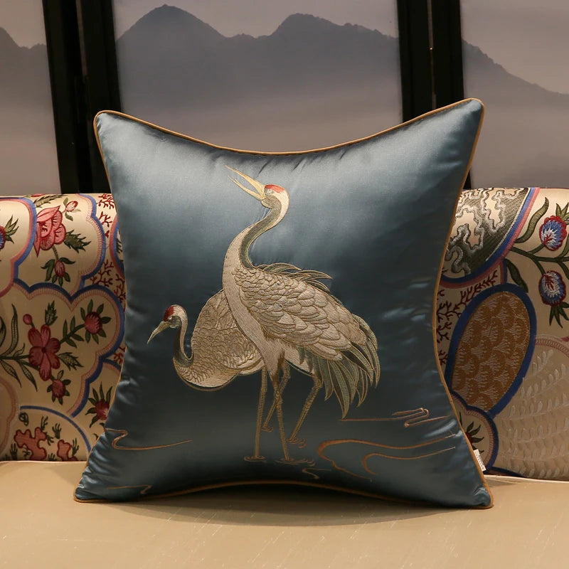 Elegant Crane Embroidered Cushion Cover with subtle shiny fabric and Japanese-inspired design.