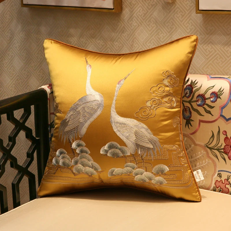 Elegant Crane Embroidered Cushion Cover with subtle shiny fabric and Japanese-inspired design.