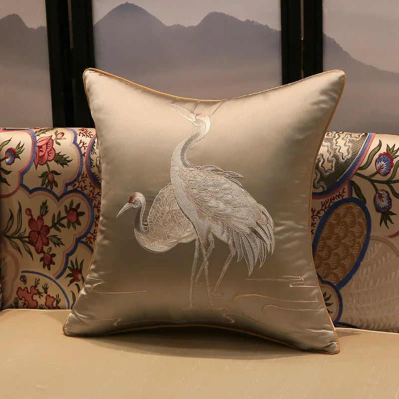 Elegant Crane Embroidered Cushion Cover with subtle shiny fabric and Japanese-inspired design.