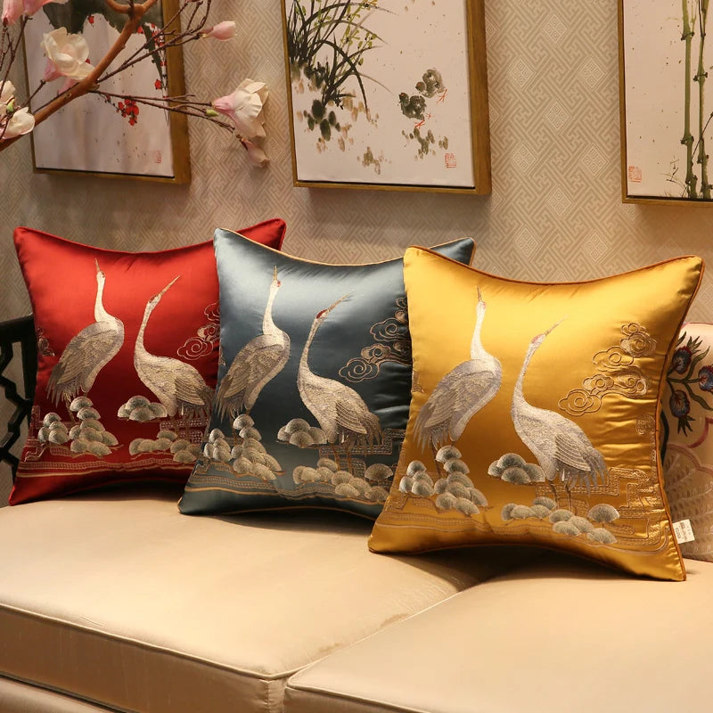 Elegant Crane Embroidered Cushion Cover with subtle shiny fabric and Japanese-inspired design.