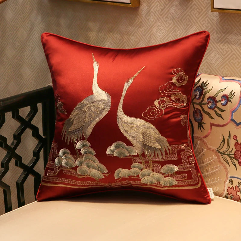 Elegant Crane Embroidered Cushion Cover with subtle shiny fabric and Japanese-inspired design.