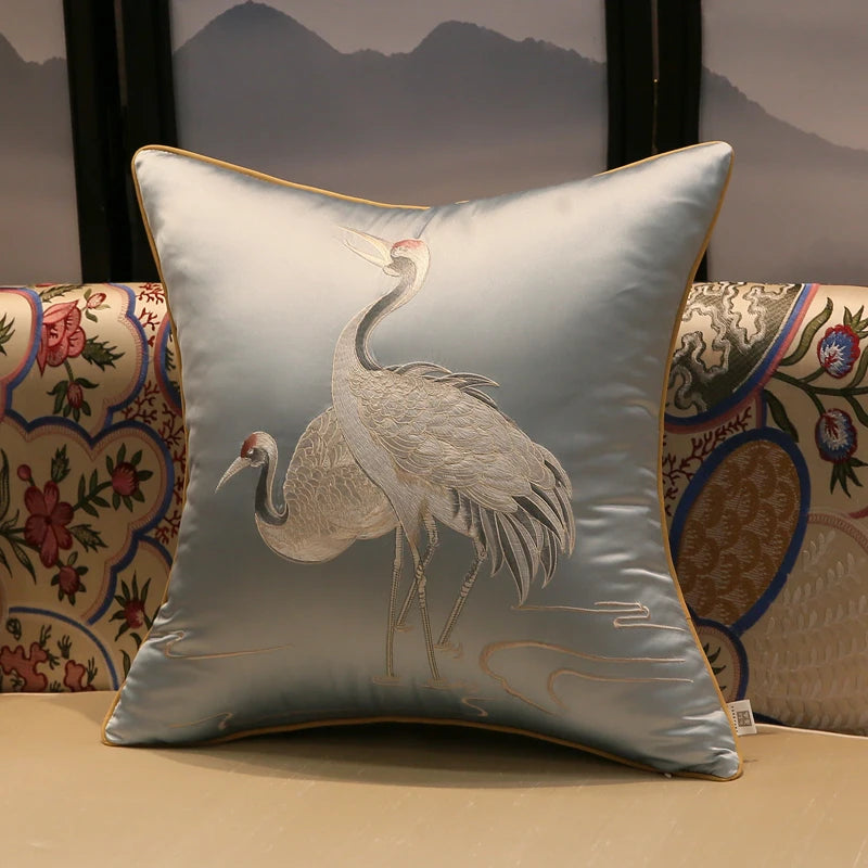 Elegant Crane Embroidered Cushion Cover with subtle shiny fabric and Japanese-inspired design.