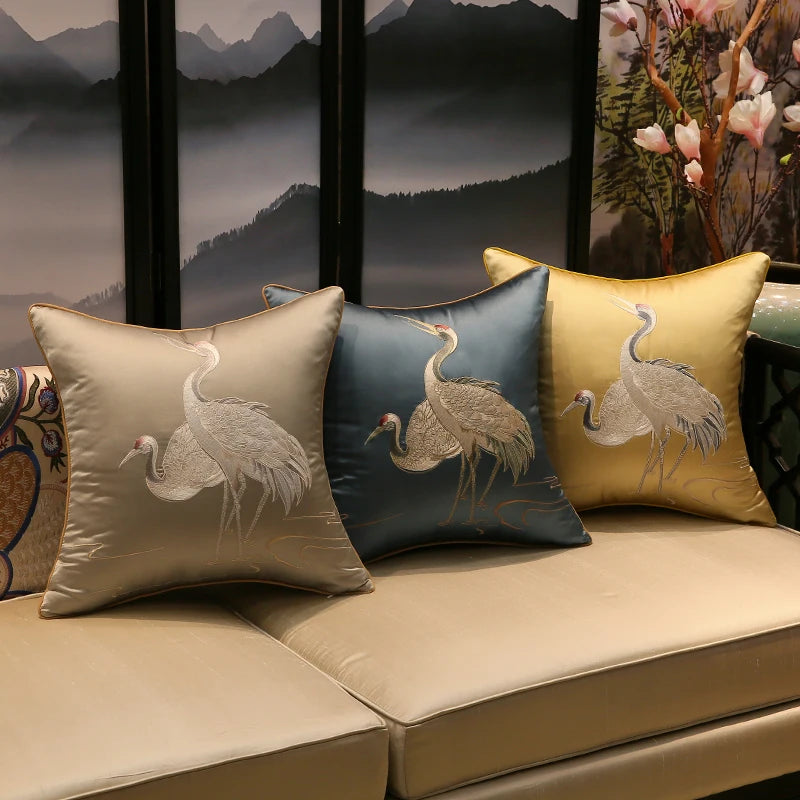 Elegant Crane Embroidered Cushion Cover with subtle shiny fabric and Japanese-inspired design.