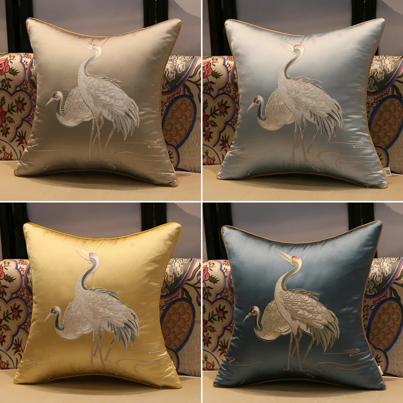 Elegant Crane Embroidered Cushion Cover with subtle shiny fabric and Japanese-inspired design.