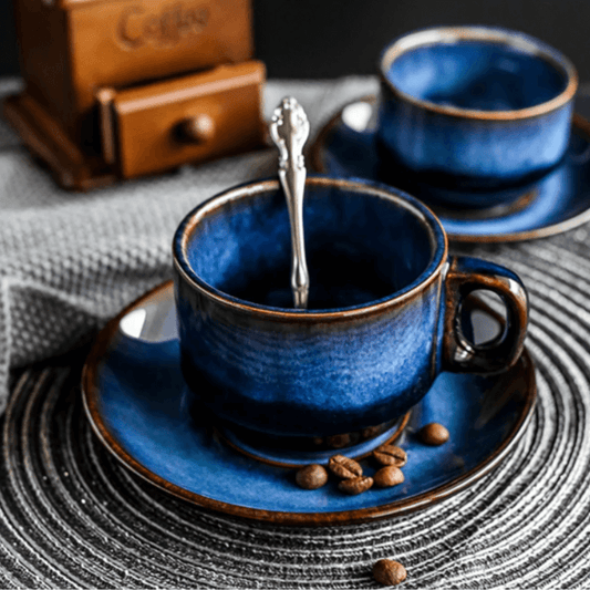 Deep blue ceramic tea cup with matching saucer - elegant and stylish for your tea time