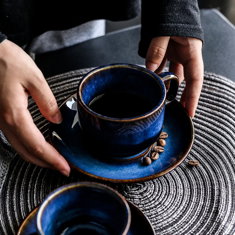 Deep blue ceramic tea cup with matching saucer - elegant and stylish for your tea time