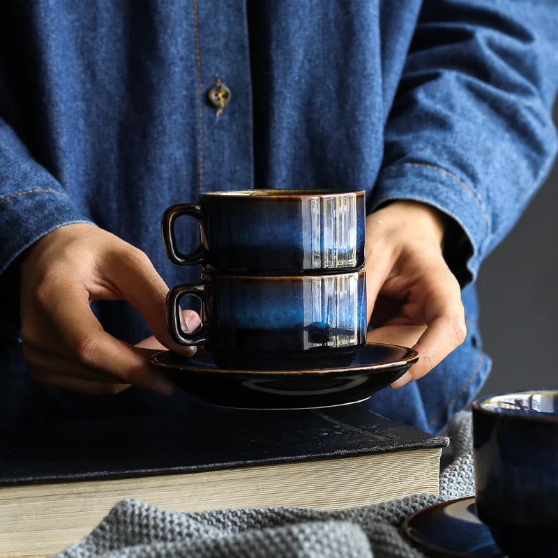 Deep blue ceramic tea cup with matching saucer - elegant and stylish for your tea time