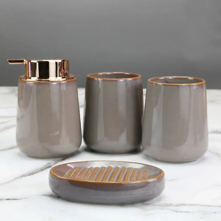 Elegant Rustic Ceramic Bathroom 4-Piece Set with soap dish, toothbrush holder, soap dispenser, and stainless steel tray.