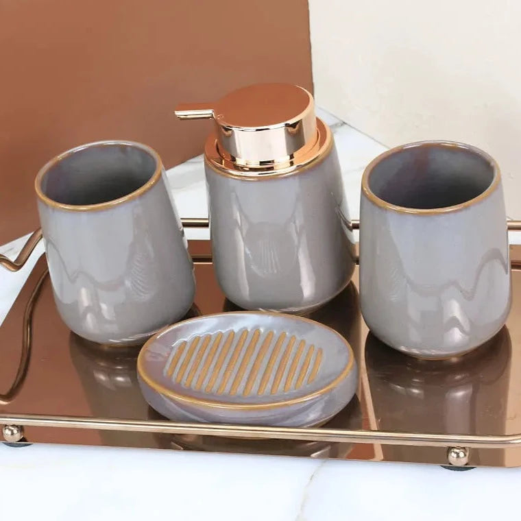 Elegant Rustic Ceramic Bathroom 4-Piece Set with soap dish, toothbrush holder, soap dispenser, and stainless steel tray.