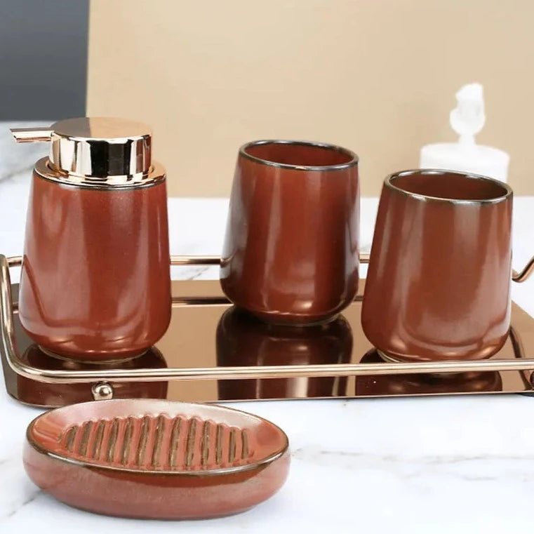 Elegant Rustic Ceramic Bathroom 4-Piece Set with soap dish, toothbrush holder, soap dispenser, and stainless steel tray.