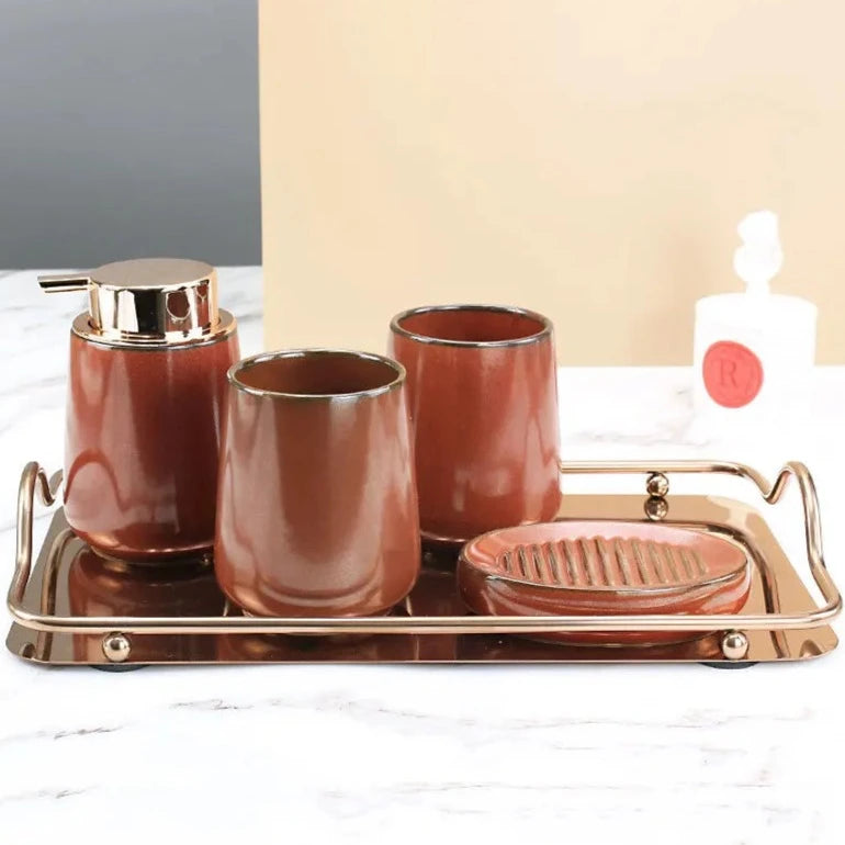 Elegant Rustic Ceramic Bathroom 4-Piece Set with soap dish, toothbrush holder, soap dispenser, and stainless steel tray.