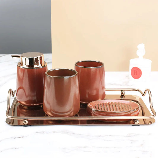 Elegant Rustic Ceramic Bathroom 4-Piece Set with soap dish, toothbrush holder, soap dispenser, and stainless steel tray.