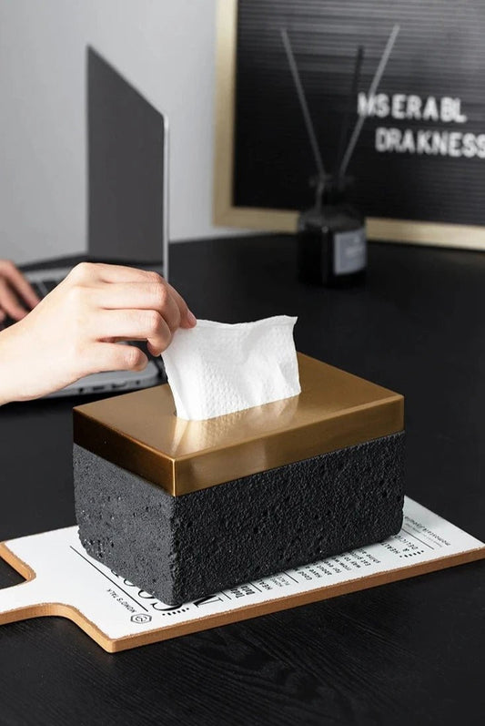 Elegant stone material tissue box with golden lid