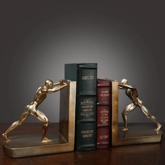 European Style Retro Bookends featuring sports figures in gold finish, perfect for stylishly organizing books on a shelf.