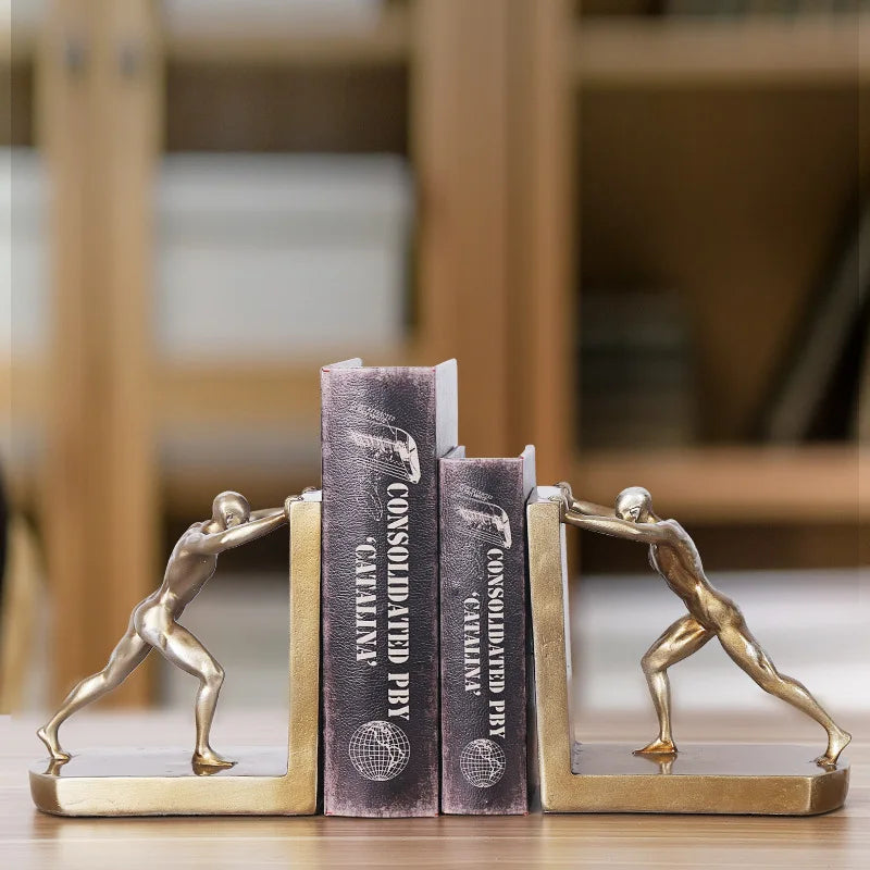 European Style Retro Bookends featuring sports figures in gold finish, perfect for stylishly organizing books on a shelf.