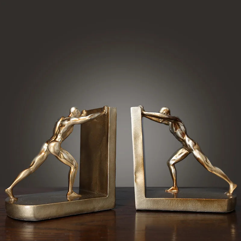 European Style Retro Bookends featuring sports figures in gold finish, perfect for stylishly organizing books on a shelf.