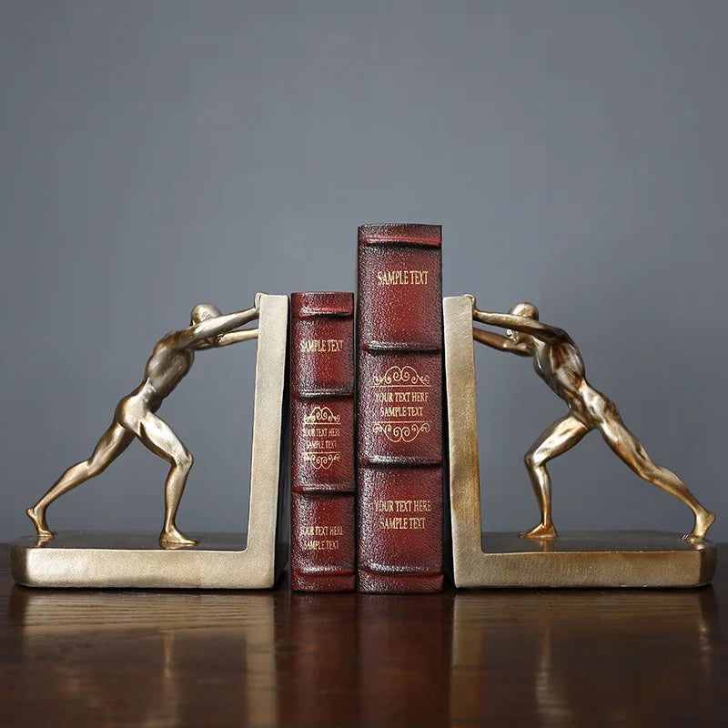 European Style Retro Bookends featuring sports figures in gold finish, perfect for stylishly organizing books on a shelf.