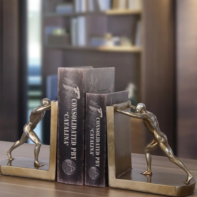 European Style Retro Bookends featuring sports figures in gold finish, perfect for stylishly organizing books on a shelf.