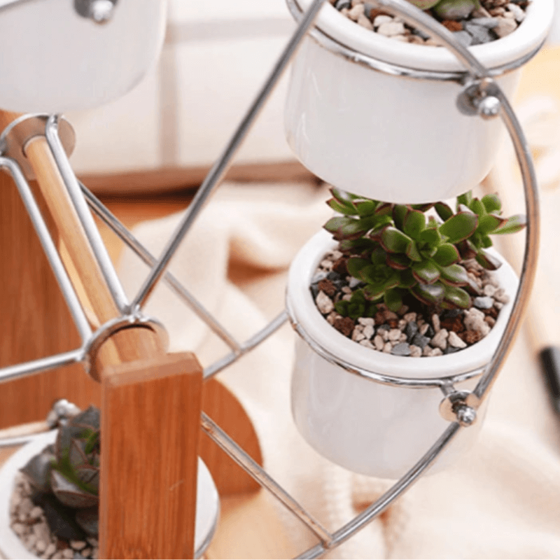 Ferris wheel plant rack featuring steel stands and four ceramic pots for stylish plant display