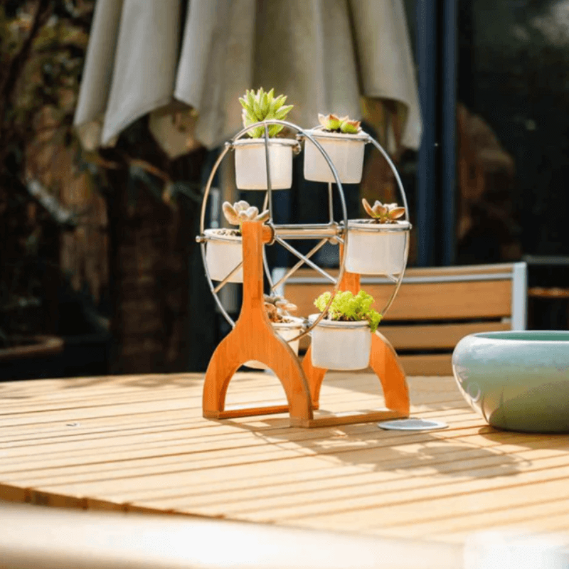 Ferris wheel plant rack featuring steel stands and four ceramic pots for stylish plant display