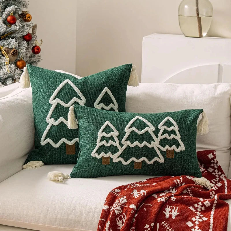 Festive tree pillow covers with holiday design, green and red Christmas decoration for living room or bedroom.