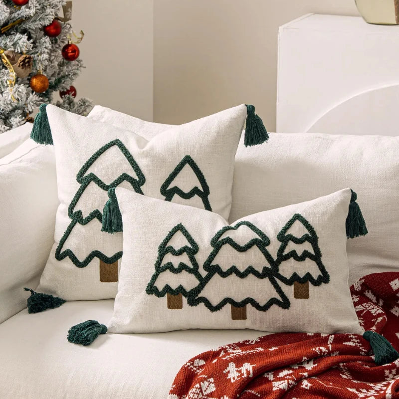 Festive tree pillow covers with holiday design, green and red Christmas decoration for living room or bedroom.